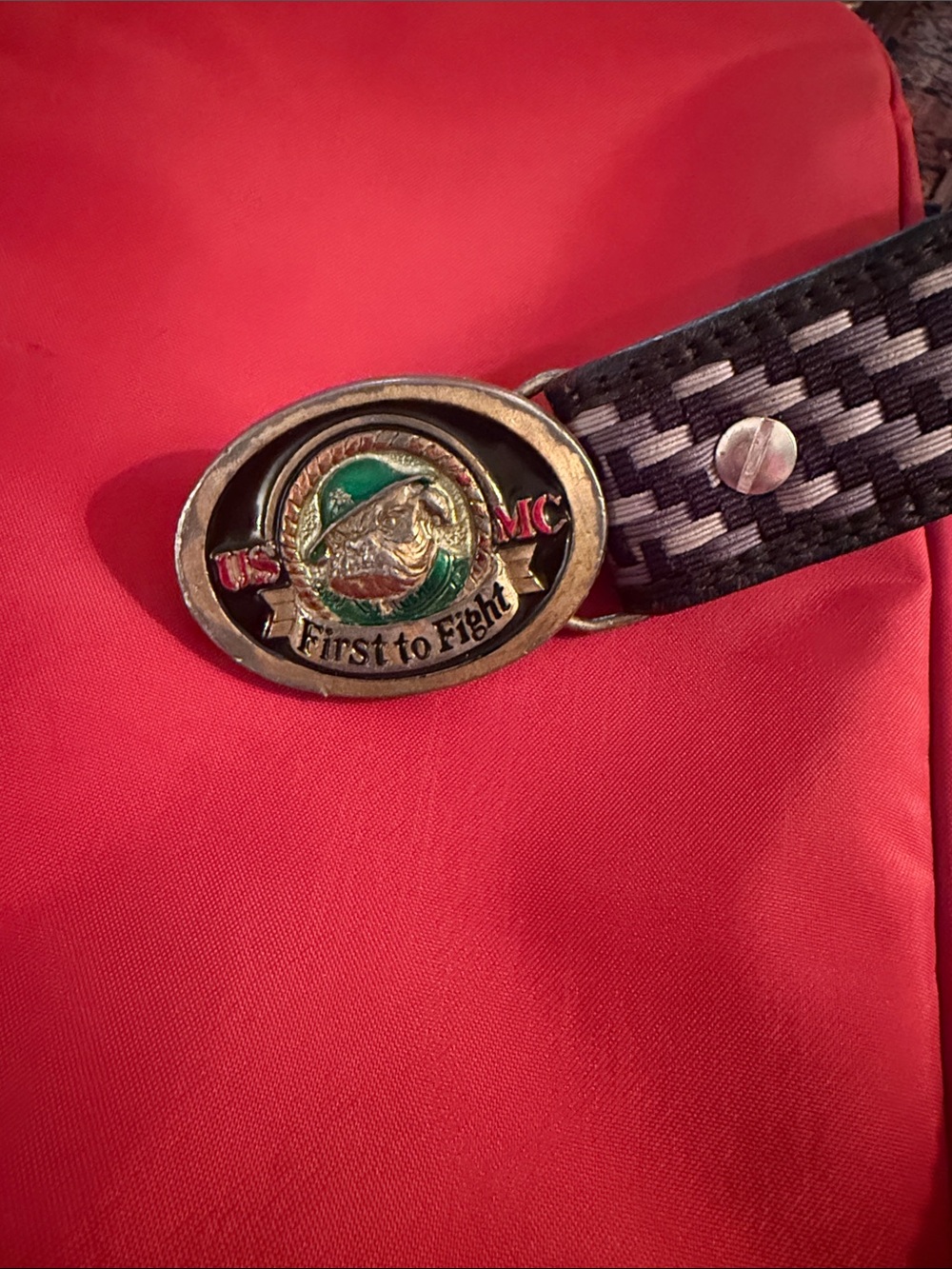 USMC "First to Fight" Military Belt Buckle on Black Woven Belt